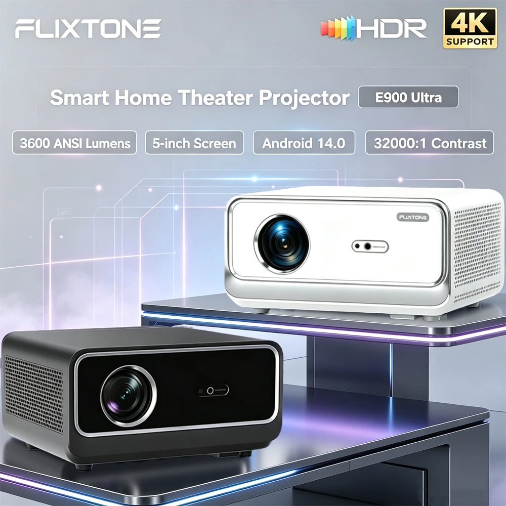 FlixTone E900 Ultra Projector Black & White 3600ANSI HDR10 1080P Support 4K 8K Video for Home Theater Android 15.0 LED 3D Beamer