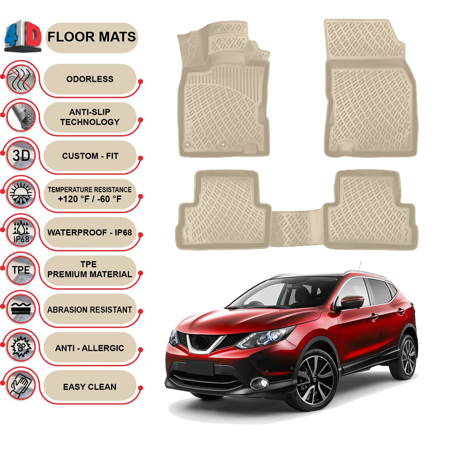 Nissan Qashqai - (2013-2021) Floor Mats Liner Waterproof 3D - (Beige)