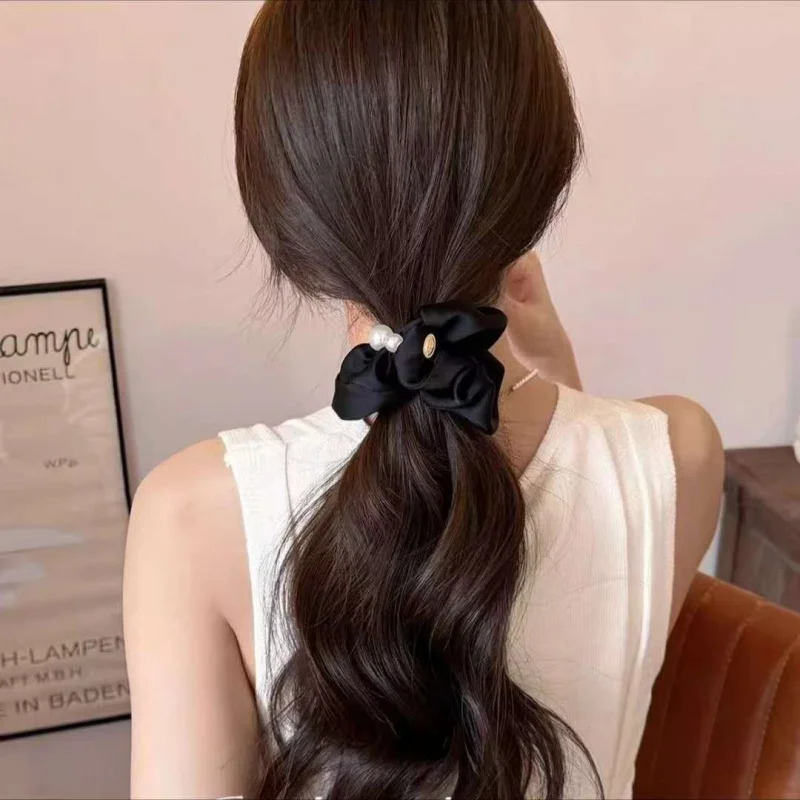

SatinScrunchie PearlAccentedHairAccessory ElegantBunStylingAid SoftFabricHairTie ChicHairOrnament ForFormalCasual Occasions Hand