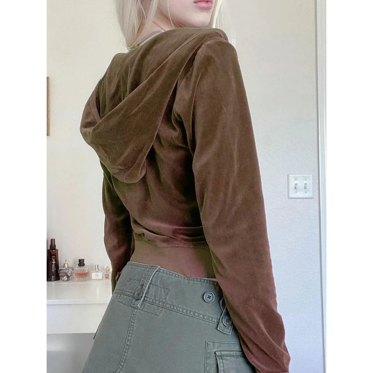 سترة صوفية بغطاء للرأس Y2K باللون البني، سترة طويلة بسحاب للنساء، ملابس خارجية مريحة كاجوال