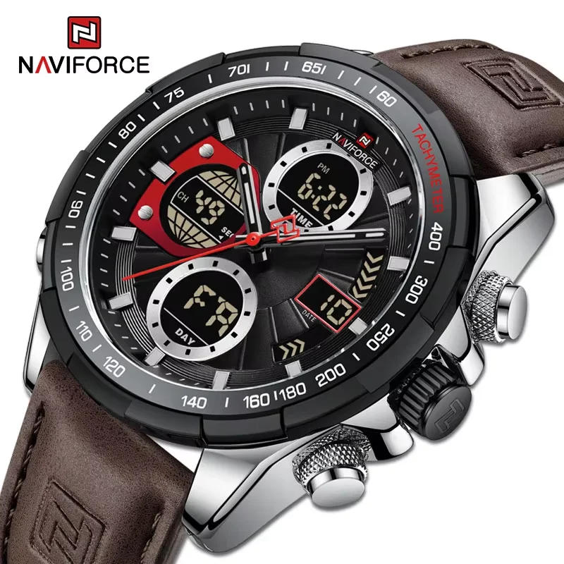 NAVIFORCE Sports Men‘s Watches Fashion Digital Quartz Wristwatches Leather Waterproof Dual Display Date Clock Relogio Masculino