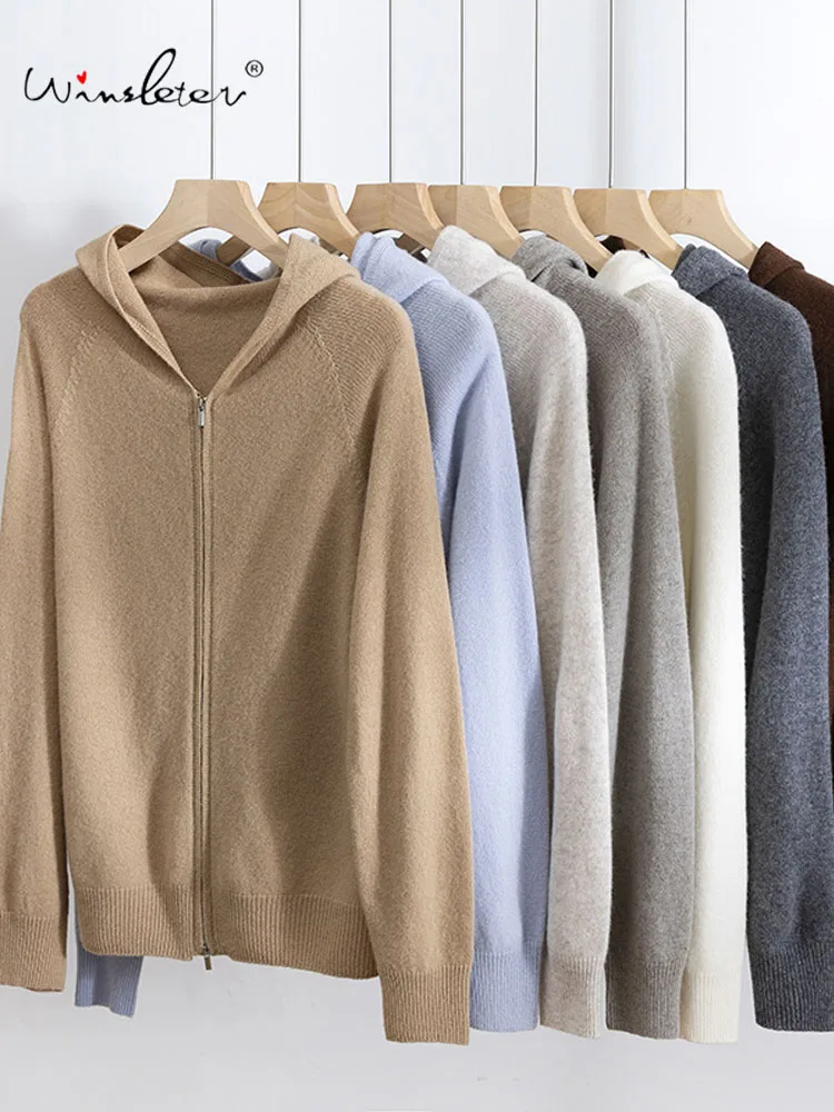 

Winsleter Элегантный свитер из 100% шерсти, длинный рукав на молнии с капюшоном, женский модный универсальный теплый кардиган, осенняя новинка 2023 года T59271CC