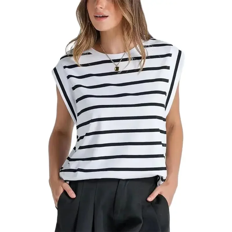 

Women Solid Color Stripes Tops Summer Ultra Short Sleeves O Neck Pullover T-Shirt Female Comfortable Casual Commuter Loose Tees