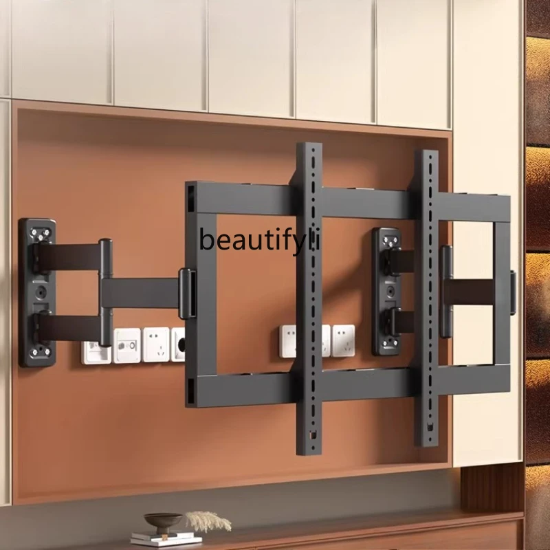 The TV is embedded with a telescopic hanger and a split wall panel to avoid the audio and not block the socket bracket.
