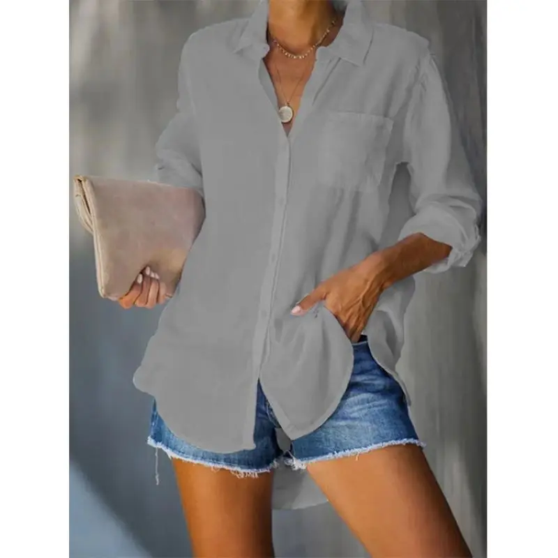 Spring/Summer New Women\'s Shirts Solid Color Large Casual Loose Polo Collar Button Shirt Women\'s Top