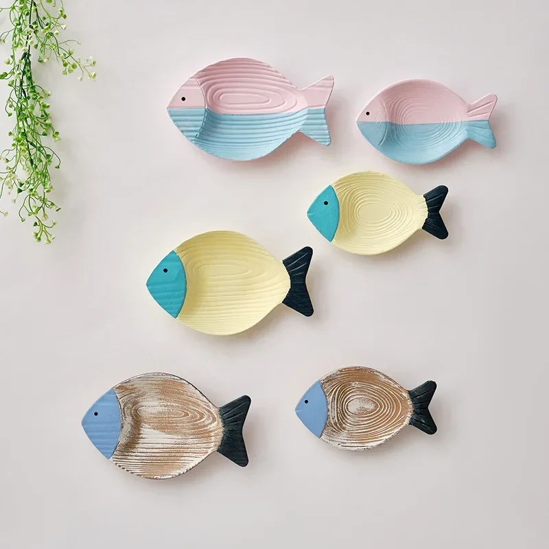 2Pcs/Set Mediterranean Wood Fish Wall Hanging Ornaments Shell Net Pendant Vintage Living Room Home Decor Ocean Beach Theme