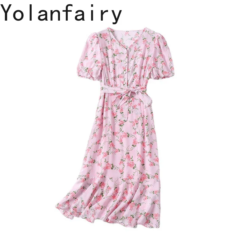 YOLANFAIRY 100%Real Mulberry Silk Dress Woman Elegant Summer Clothes V-neck Fashion Floral Pink Dress Lace-up Midi Fairy Dresses
