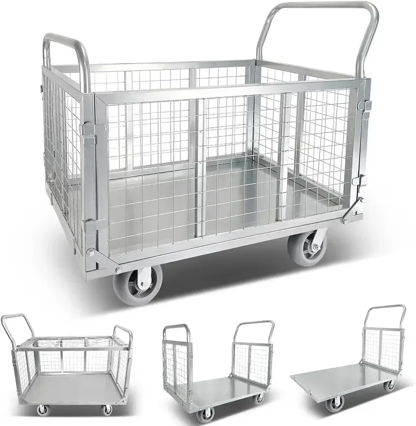 Platform Truck Cart with Cage Foldable Flat Cage Cart 4-in-1 Heavy Duty Push Cart Dolly Load 1600LBS W/Swivel Casters, Flatbed