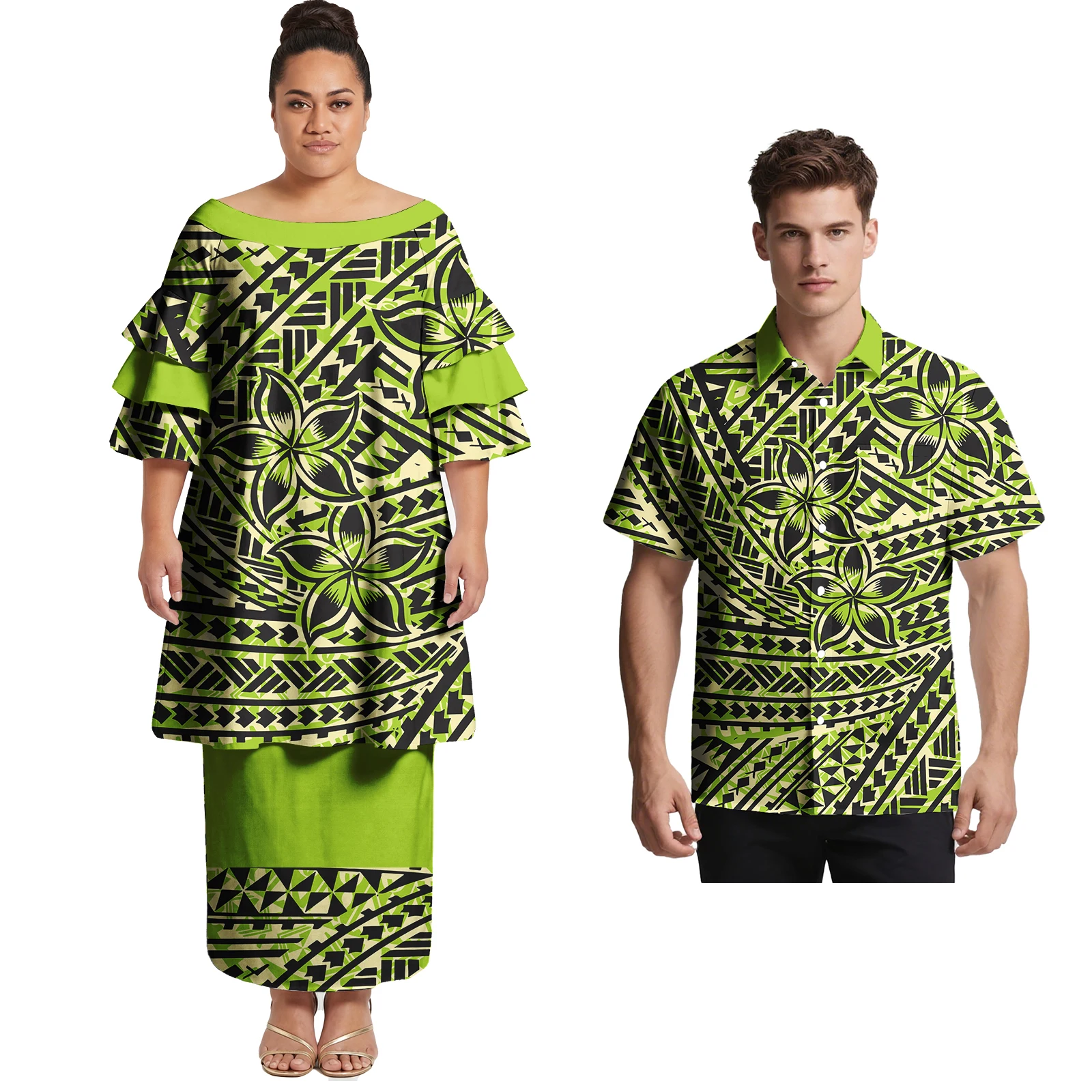 Custom New Arrivals Couple of Set Hawaiian Beach Men Shirts Samoan Polynesian Tribal Cascading Ruffle Sleeve Women Puletasi Suit