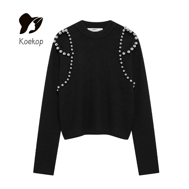 

Koekop Women's Fashion Solid Color Round Neck Beaded Knit Sweater Vintage Casual Full Sleeve Women's Chic Lady Pullover Sweater