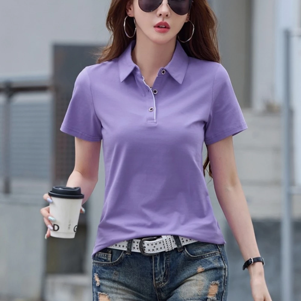 Korean-style purple collar short-sleeved T-shirt for women, summer new fashion plus-size polo shirt, loose sporty casual top