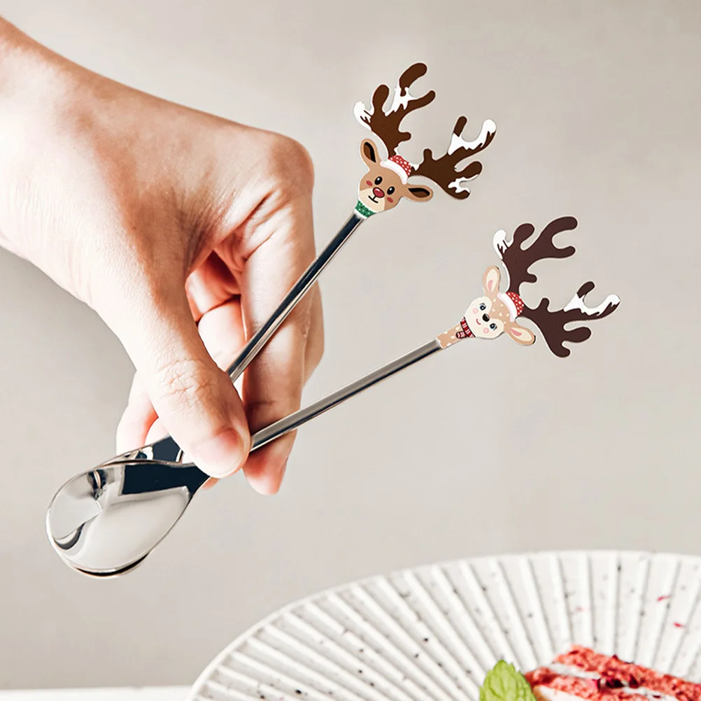 

2Pcs Reindeer Theme Dessert Spoons 304 Stainless Steel Christmas Ice Cream Coffee Spoon Mini Tasting Appetizer Set