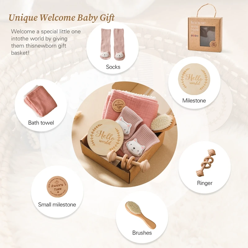 Baby Gift Set Newborn Infant Baby Towel Newborn Bath Toy Baby Drool Towel  Wood Rattle  Growth Milestone  Wool Brush  Baby Socks