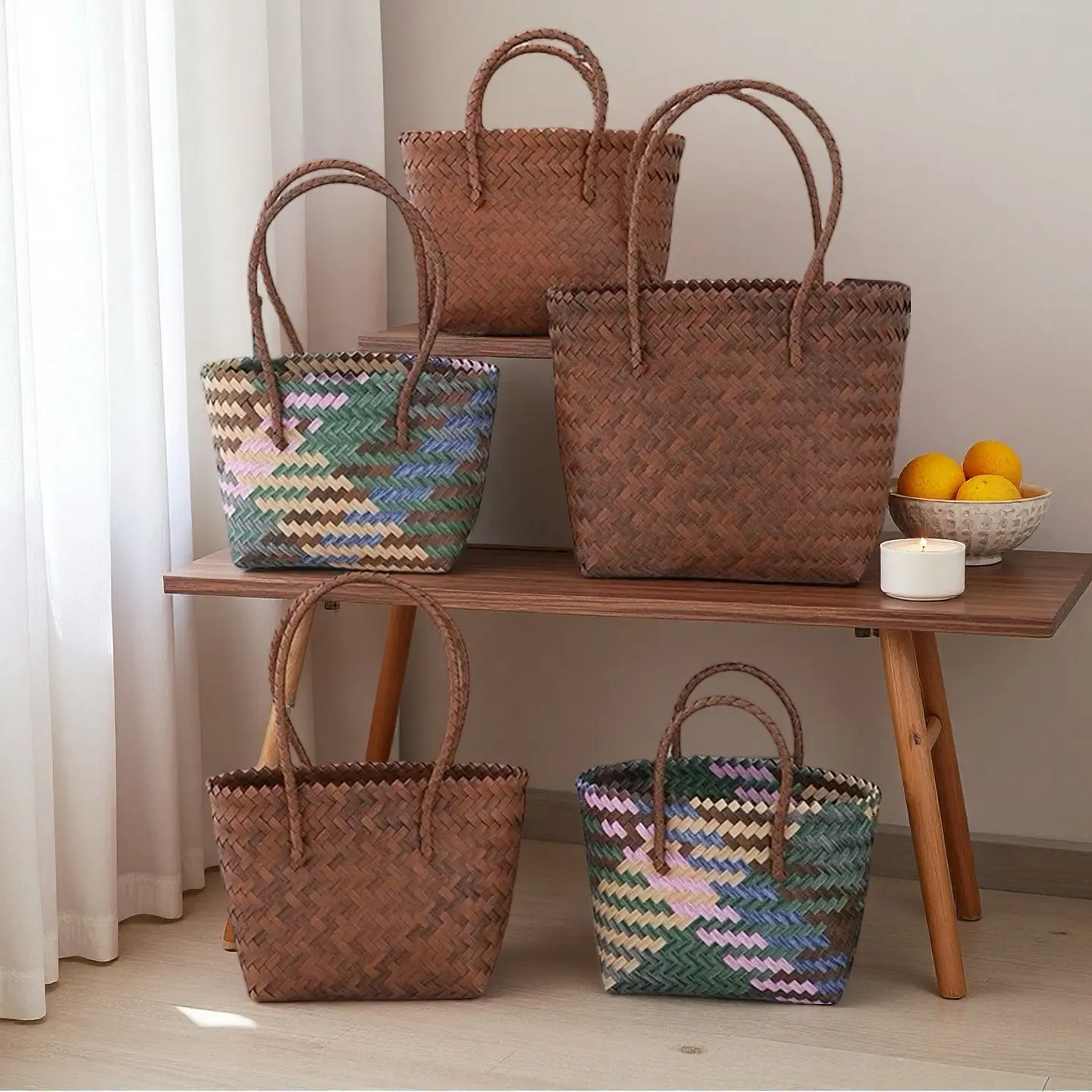 Bolso retro de cesta de mimbre marrón Bolso de mano para mujer Bolso de compras de material de PVC de estilo simple de ciudad Bolso de hombro de primavera y verano Gif...