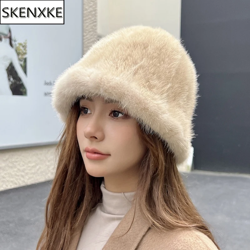 New Style Winter Women 100% Real Mink Fur Bucket Hats Natural Warm Mink Fur Hat Female Outdoor Fashion Genuine Mink Fur Cap