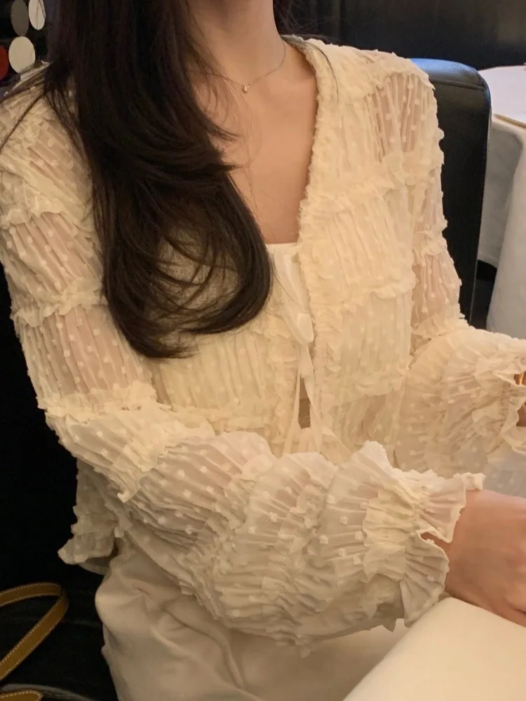 

Sweet Lace Ear Short Shirt Women's Gentle Style Knot Belted Pleated Korean Loose Fit V-neck Polyester Long Sleeve