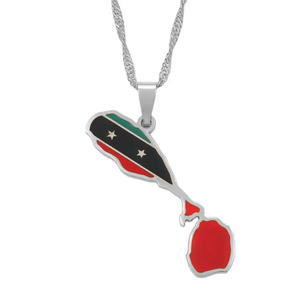 Anniyo The Federation of Saint Kitts and Nevis Map Flag Pendant Chain Necklaces St. Kitts & Nevis Maps Jewelry #103821