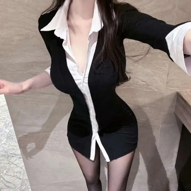 Korean  Color Block Slim Fit Sexy Sweet Girl Shoulder Cushion Fake Two Piece Single Breasted Half Sleeve Hip Wrapped Dress ZOCF