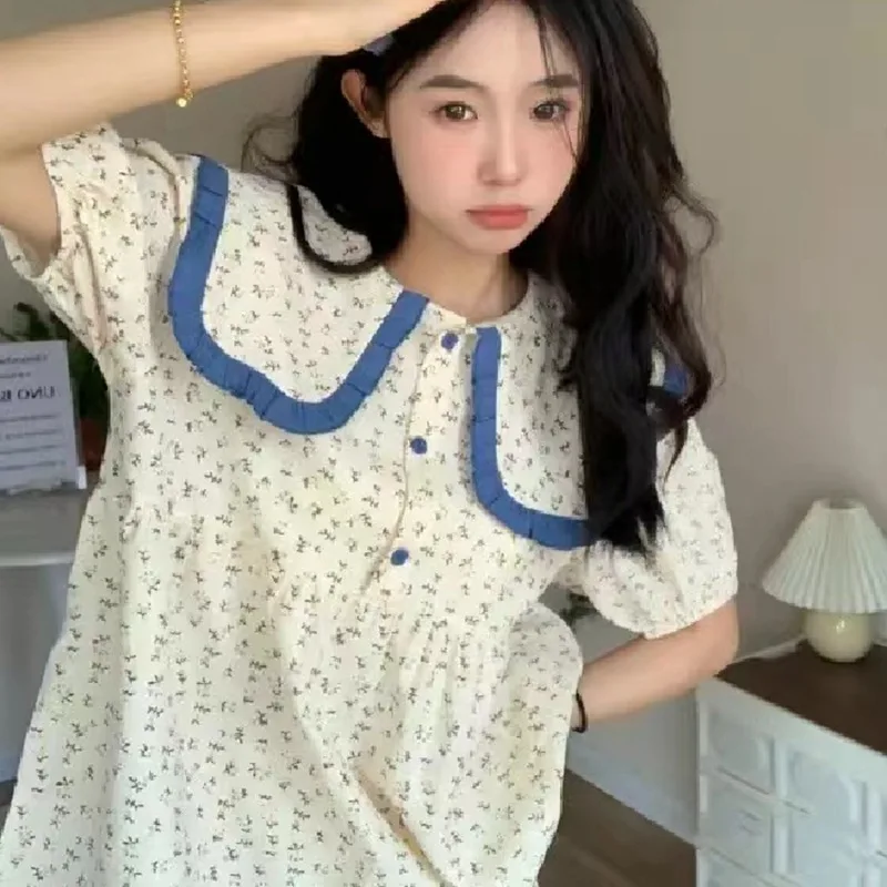 Rustic Style Pajamas Female Short-Sleeved Doll Collar Pure Desire Pajamas Female Loose Cute Small Flowers Short-Sleeved Milk Sil