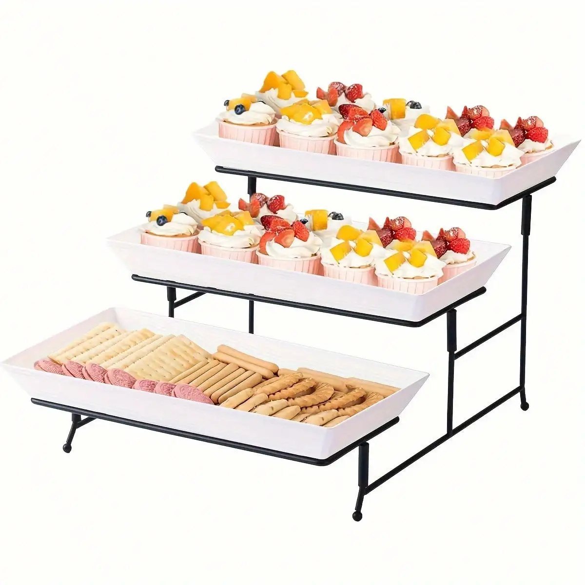 BLAGEPORT 1PCS 3-Tier Dessert Stand With Foldable Metal Display Stand And 3 Plastic Trays, Can Be Used As Snack Display Stand/Cupcake Stand Tray, Suitable For Family Gathering Party Wedding, Party Supplies, Table Decoration，sh2406209908262851