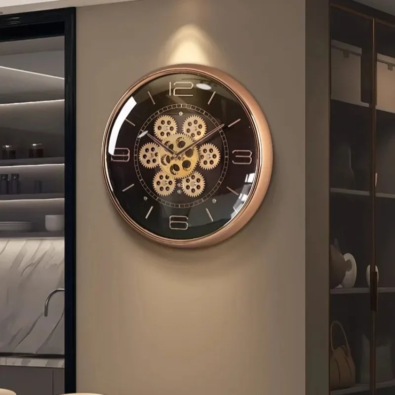 Luxury Round Silent Wall Clocks Creative Gear Rotate Big-numbers Living Room Wall Clock Metal Pointer Vintage Simple Home Decor