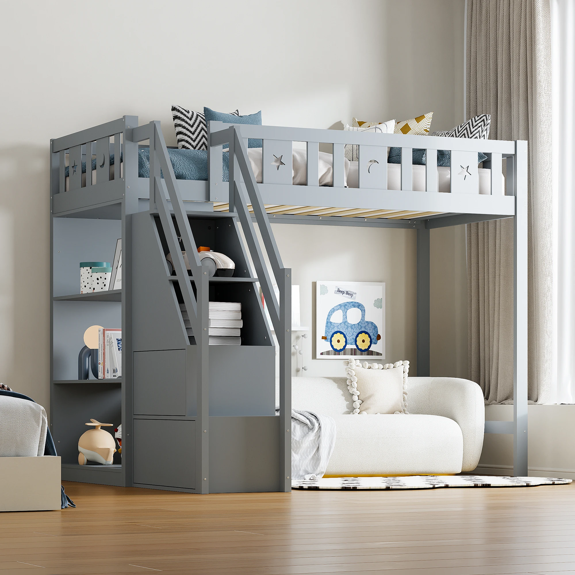 High bed 90x200 cm, with storage ladder and shelves, single bed, youth bed, children bed, solid wood frame, Gray