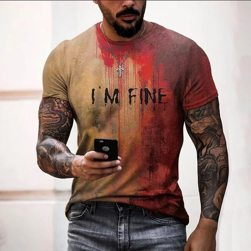 Vintage Men Bloody I'm Fine Halloween 3D Printed T-shirt Casual Fashion Street O Collar Short-sleeved Top image 3