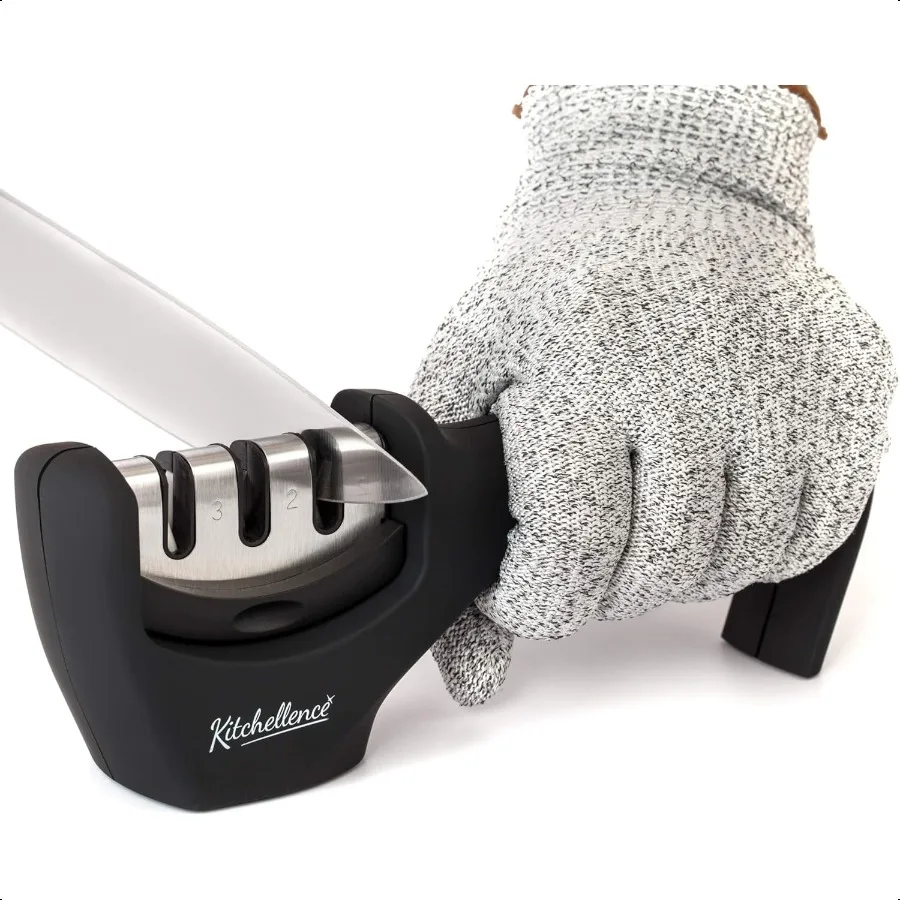 

4in1 Kitchen Knife Accories: 3Stage Knife Sharpener Helps Repair Restore Polish Blades and CutResistant Glove Black