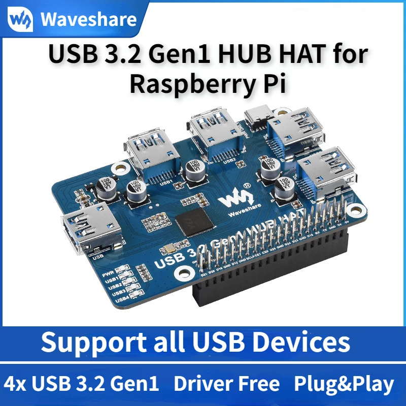 

USB 3.2 Gen1 Splitter HUB HAT For Raspberry Pi 4B/3B/3B+ RPI 4B Series DC 5V Expansion Board 4x USB 3.2 Gen1 Ports Driver-Free