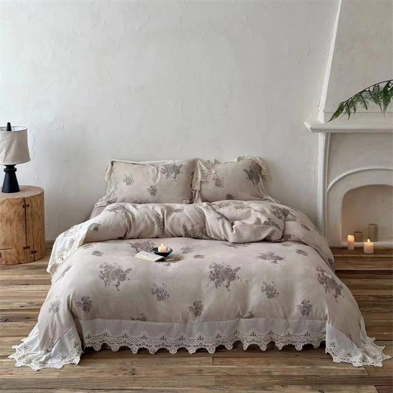 Vintage Lace Flowers Bedding Set Double Queen King Size Natural Linen Cotton Duvet Cover Flat/Fitted Bed Sheet Pillowcases 4Pcs