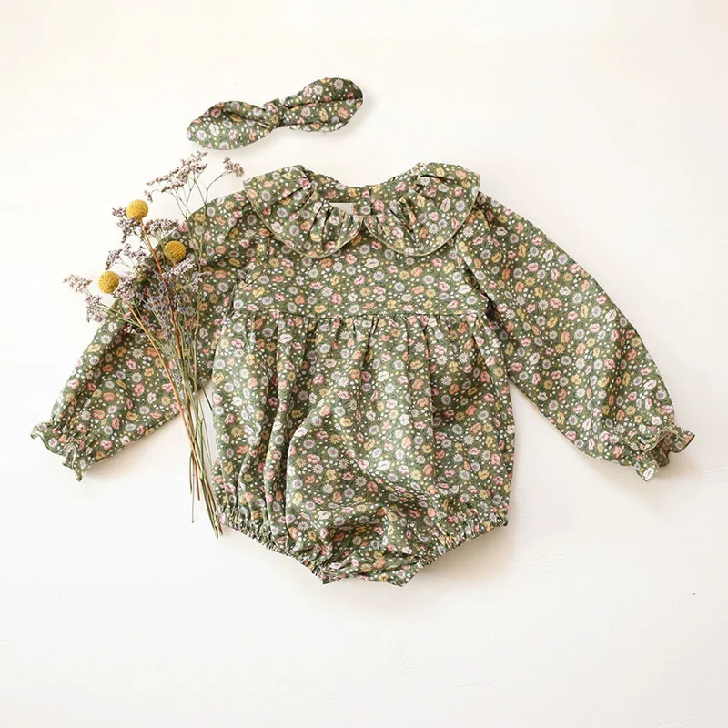 2Pcs Frühling Vintage Baby Mädchen Strampler Floral Baumwolle Leinen Body + Stirnband 3-24Months Baby Kleidung