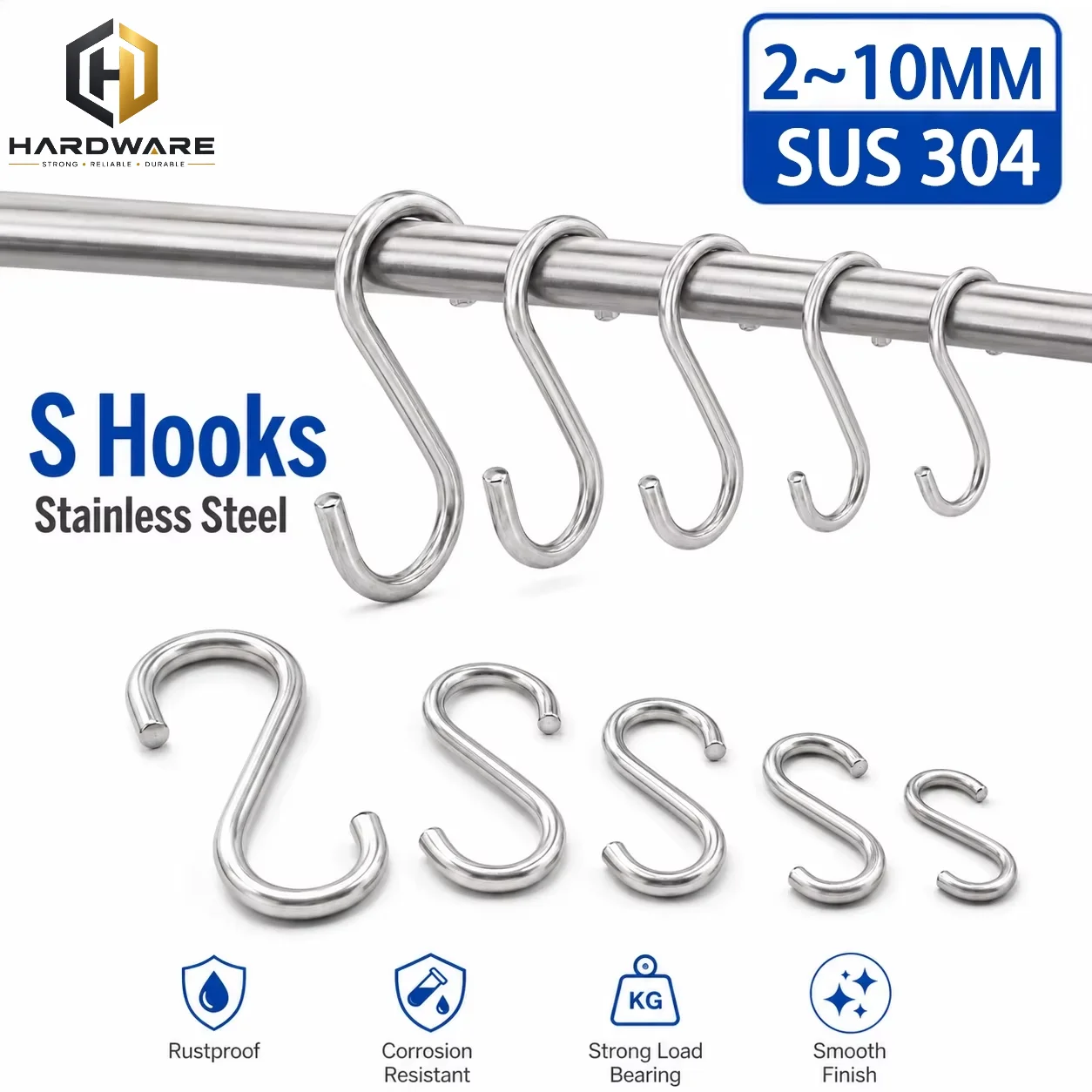 304 Stainless Steel S Hooks S Shaped Hooks M2 M3 M4 M5 M6 M8 M10 Utility Hanging Hook For Kitchen Closet Garage Rust Prevention
