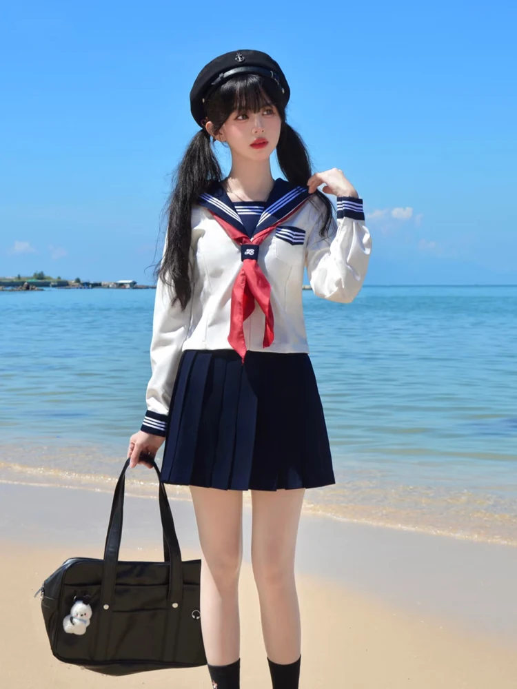 Tamanho grande jk feminino japonês ciano marinheiro faculdade manga longa camisa solta primavera outono versátil de cintura alta conjuntos de saia linha a