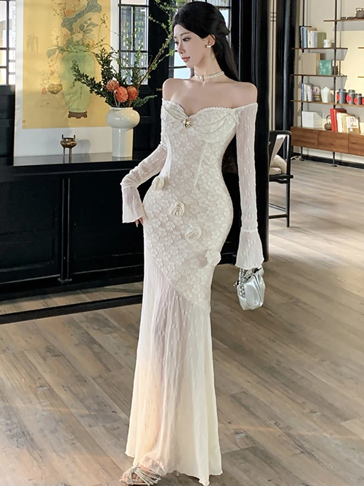 نساء أزياء من الدانتل الجاكار المرقعة تكدرت فستان حورية البحر المرأة شيك مائل الرقبة فستان مثير 2025 فساتين المهرجان الكورية الفاخرة