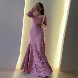 Grace Flower Crepe Beaded O-Neck Ruffle Simple Long-Sleeves Floor-Length Saudi Arab Evening Elegant Party dresses for women 2024