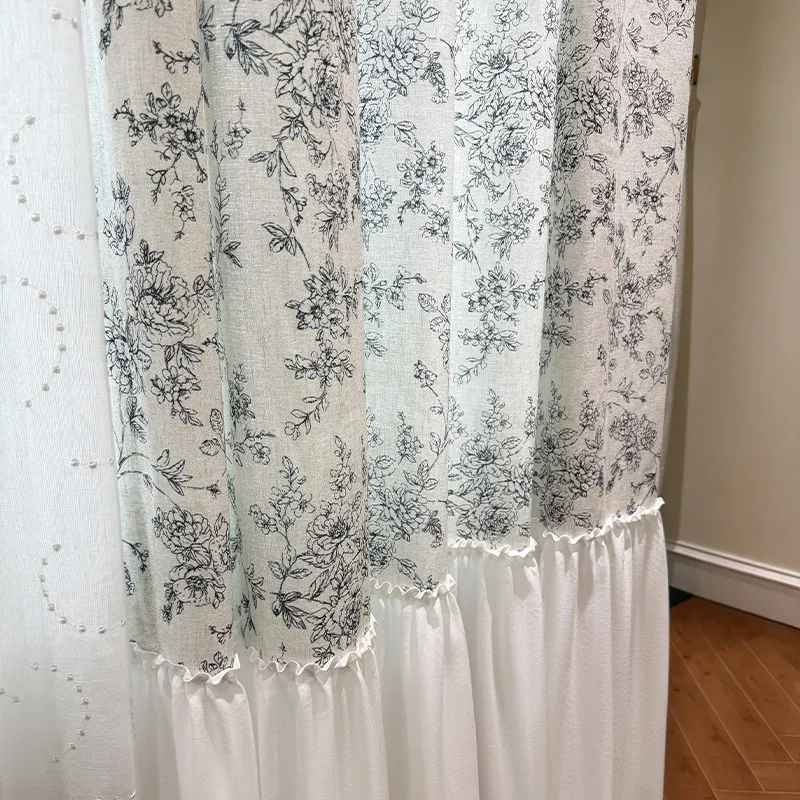 New Retro Floral Jacquard Cotton Linen Skirt Splicing Window Screen Curtains for Living Room Bedroom Balcony Bay Customization