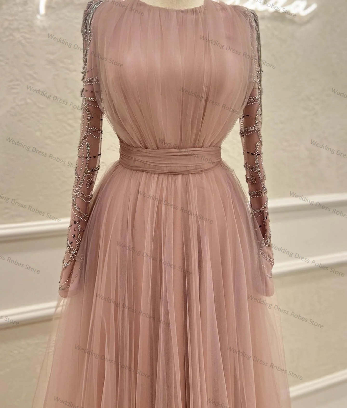 Crystals Prom Dress Brown Tulle A Line Evening Skirt With Belt Custom Made Lace Up Back Full Sleeves Party Gown Robe