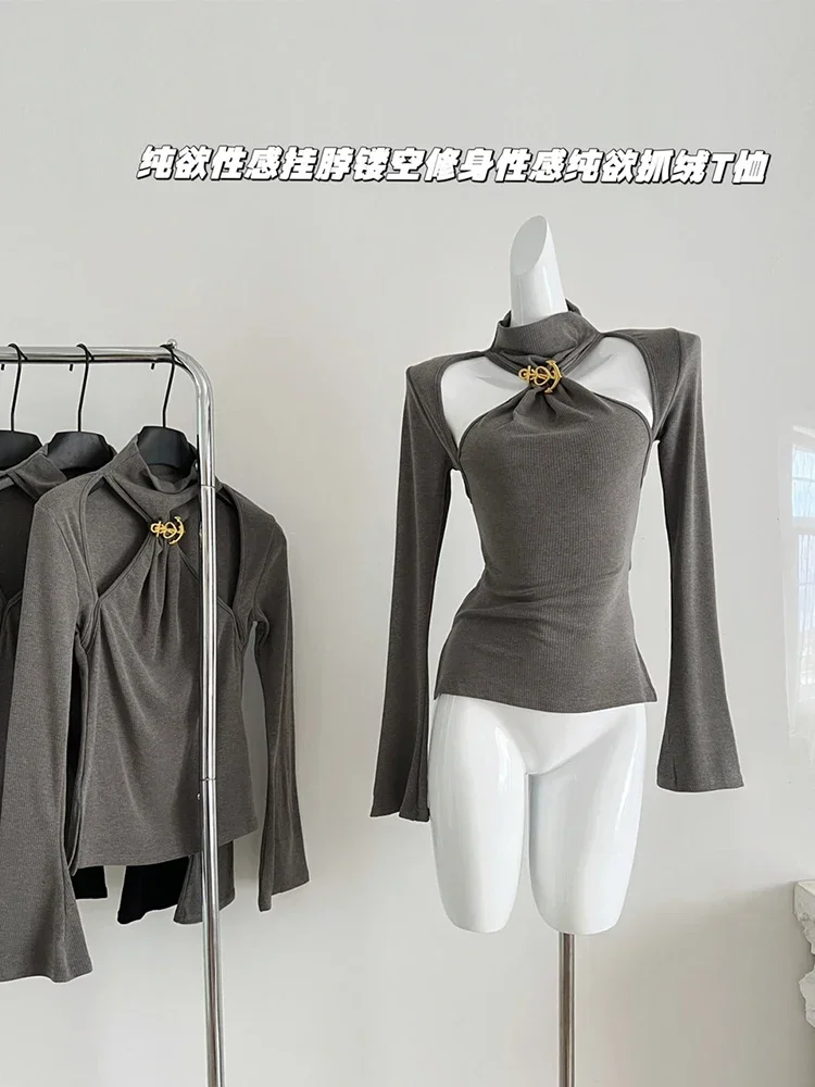 

Autumn Women Korean Fashion Hollow Out Long Sleeve T-Shirts Design Tee Vintage Crop Tops Gyaru Hot Coquette Turtleneck Kpop Chic
