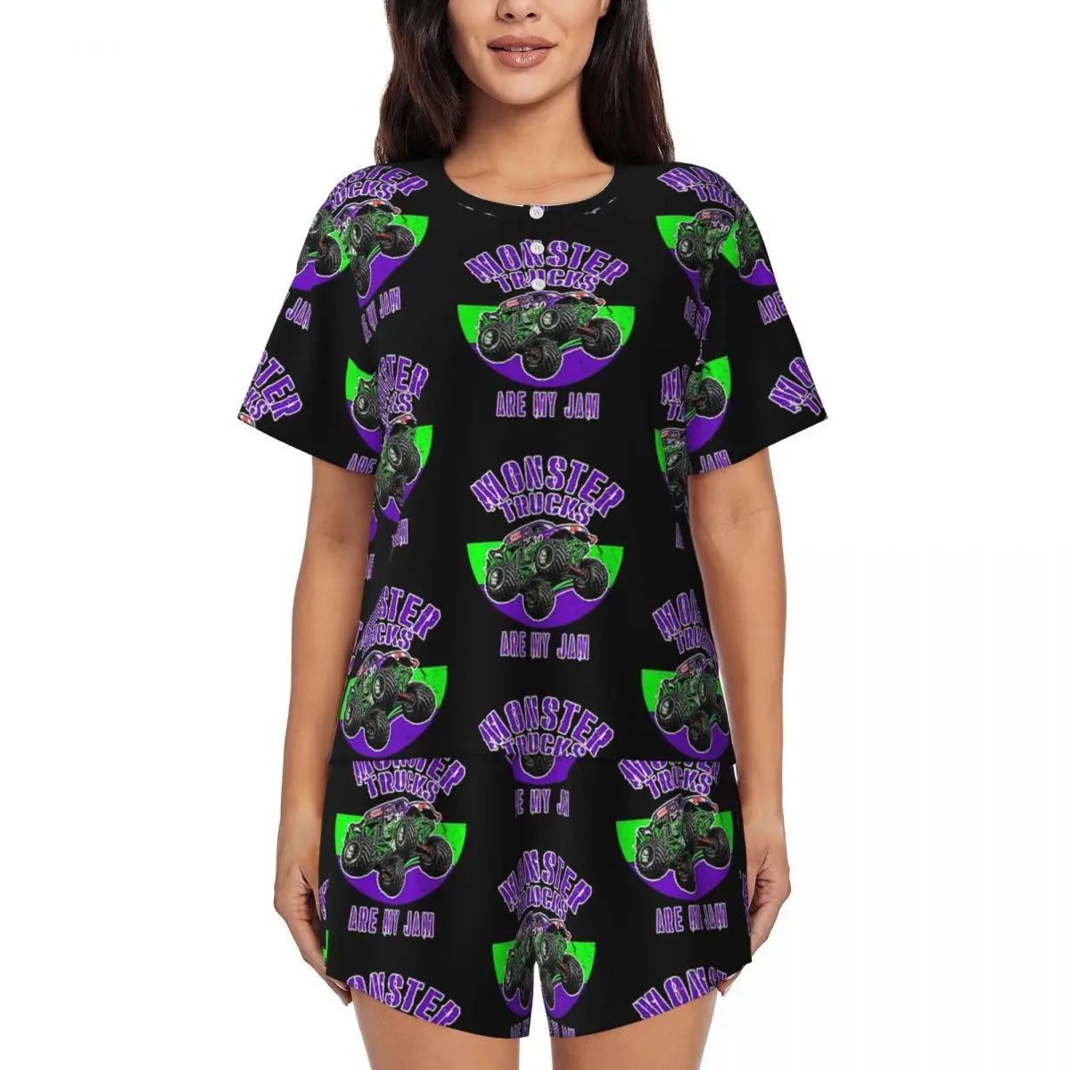 

Monster Truck Are My Jam Grave Digger Vintage Art Round Neck Short Sleeve Nightgowns for Sleeping Women Pajama Set Short Pants