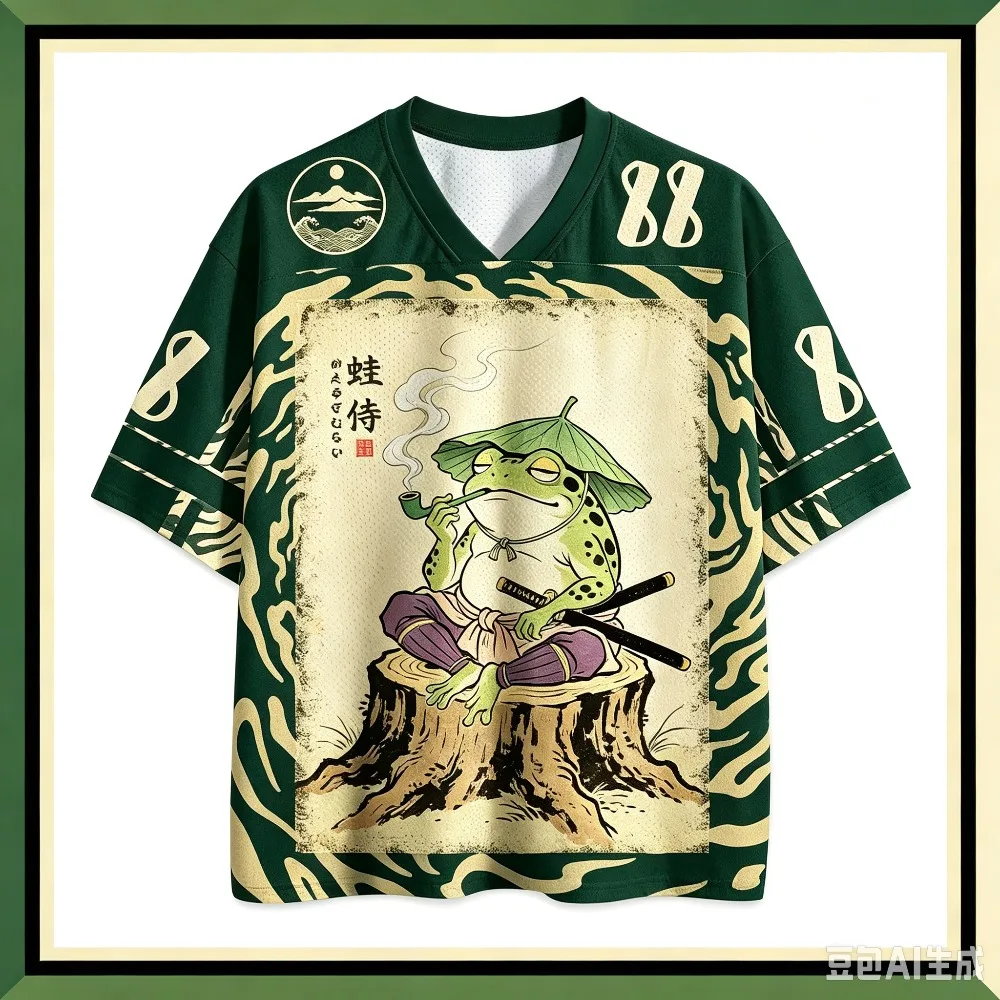 Retro-T-Shirt im japanischen Ukiyo-e-Stil mit Krieger-Frosch-Muster, 3D-gedruckt, feuchtigkeitsableitend, V-Ausschnitt, locker geschnitten, lässig, für Erwachsene und Kinder, Streetwear. – Detail 6
