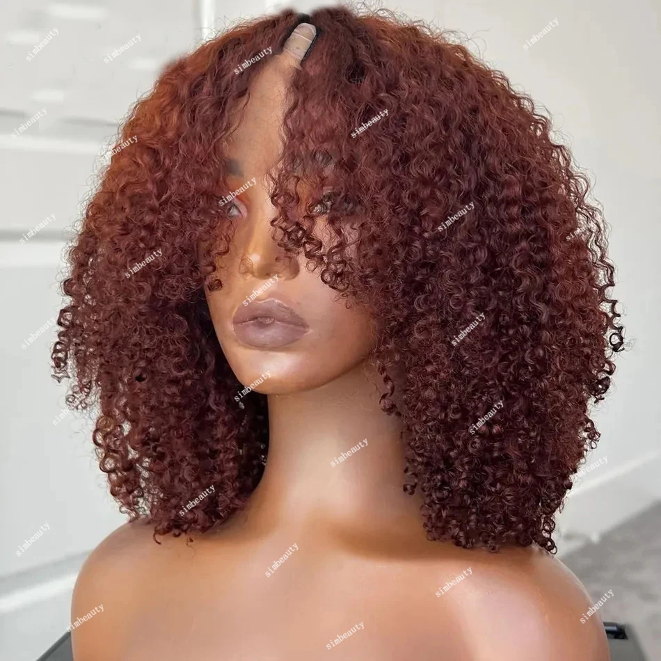 Reddish Brown Afro Kinky Curly V Part 100% Human Hair Wig Copper Red Auburn Full U Shape 250Density 4a 4c Remy Hair clicp/ combs