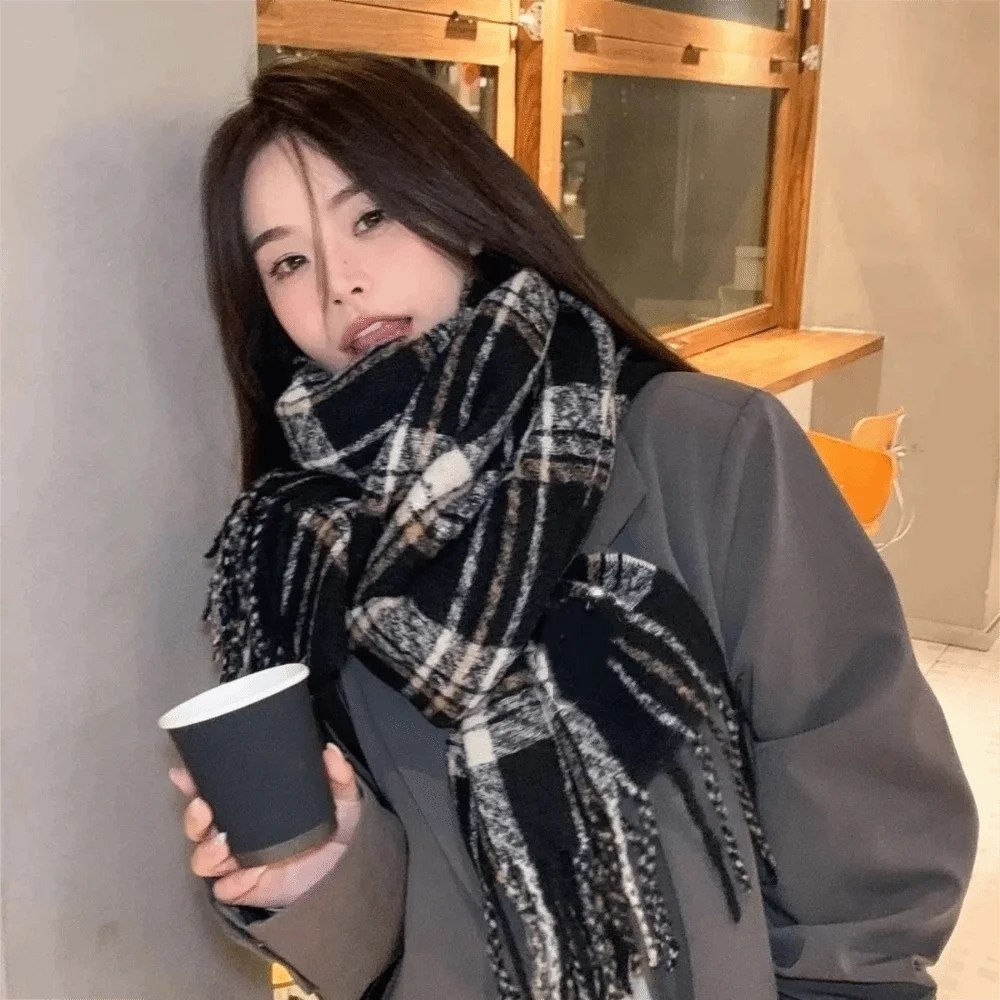 

Классический шарф из пашмины в клетку, шерстяной, с плюшевыми кисточками, зимний, кашемировый, утолщенный, теплый, длинный, для женщин/мужчин