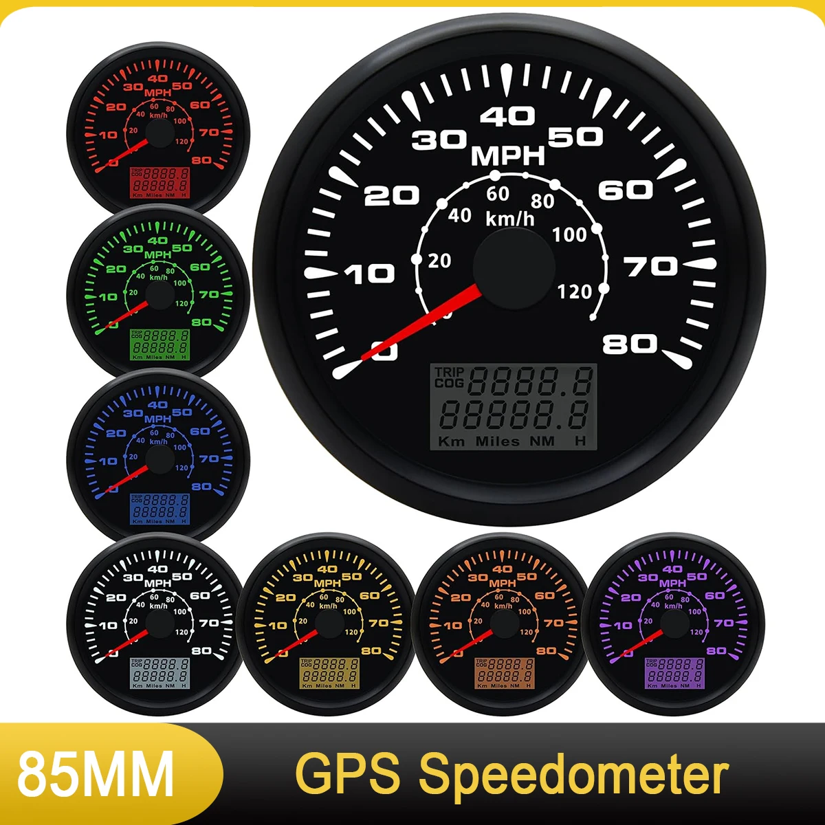 

85MM GPS Speedometer Boat MPH Speedometer 80MPH 120KM/H Marine Odometer with 8 Colors Backlight fit Car Truck Motorcycle Auto