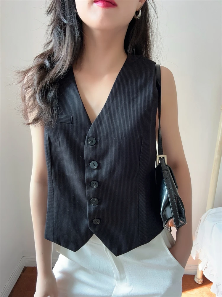 DADANA Slimming Suit Vest OL Commute Style Layering Women's Base Tank Top V-neck Striped Pattern Business Casual Vest
