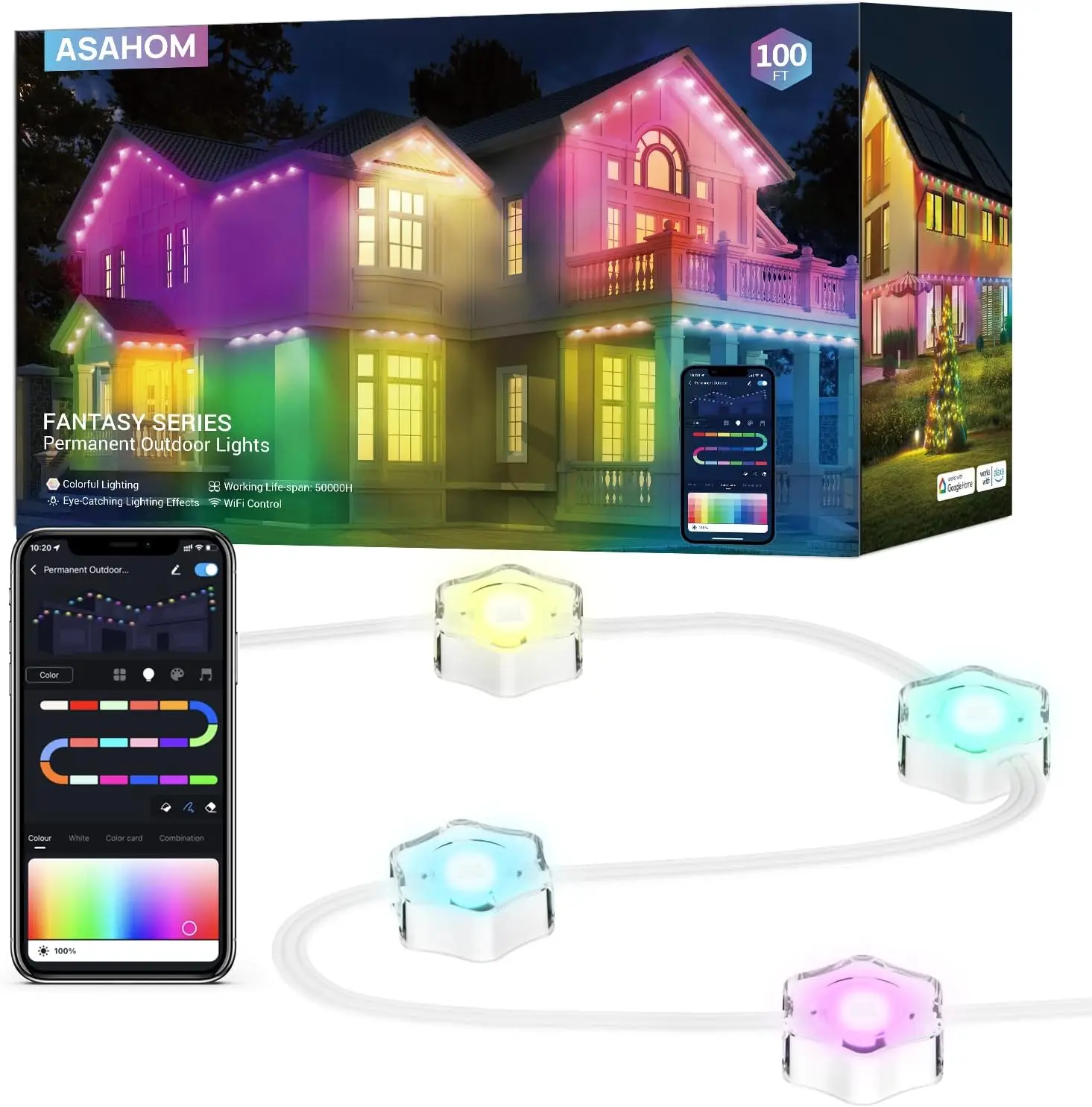 

Permanent Outdoor Lights, 100ft Smart RGB Outdoor Lights Alexa with 70 Preset Scenes, IP67 Waterproof 72 LED Eaves Lights for Ho