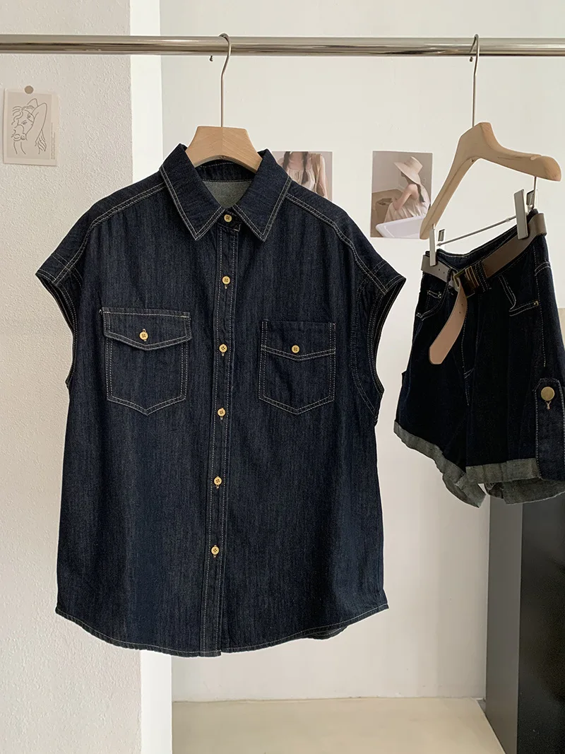 Summer Women Denim Sets Leisure Turn Down Collar Single Breasted Tops Rolled Edge Shorts with Belt Simple Commuter Vintage Suits