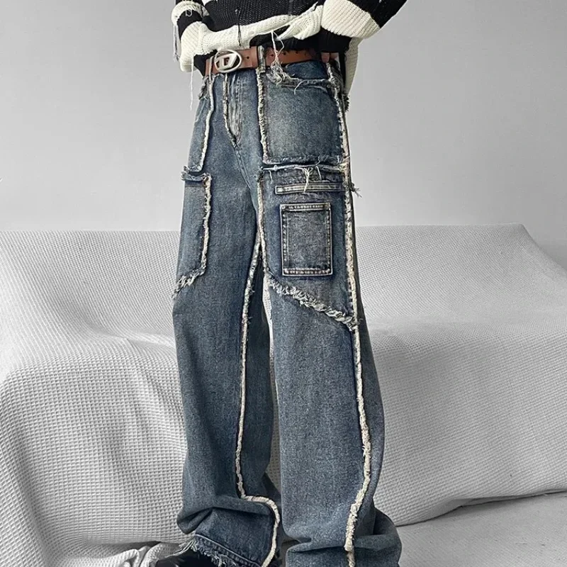 

Foufurieux American Workwear Jeans Men Loose Straight 2024 Autumn Winter New Edge Denim Pants Unisex Casual Smoke Gray Trousers