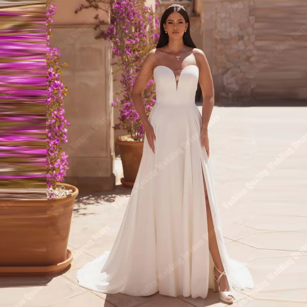 Vestidos de novia acampanados con cuello de corazón para mujer, vestidos de novia elegantes de satén sin mangas, longitud de fregado para banquete de compromiso personalizado