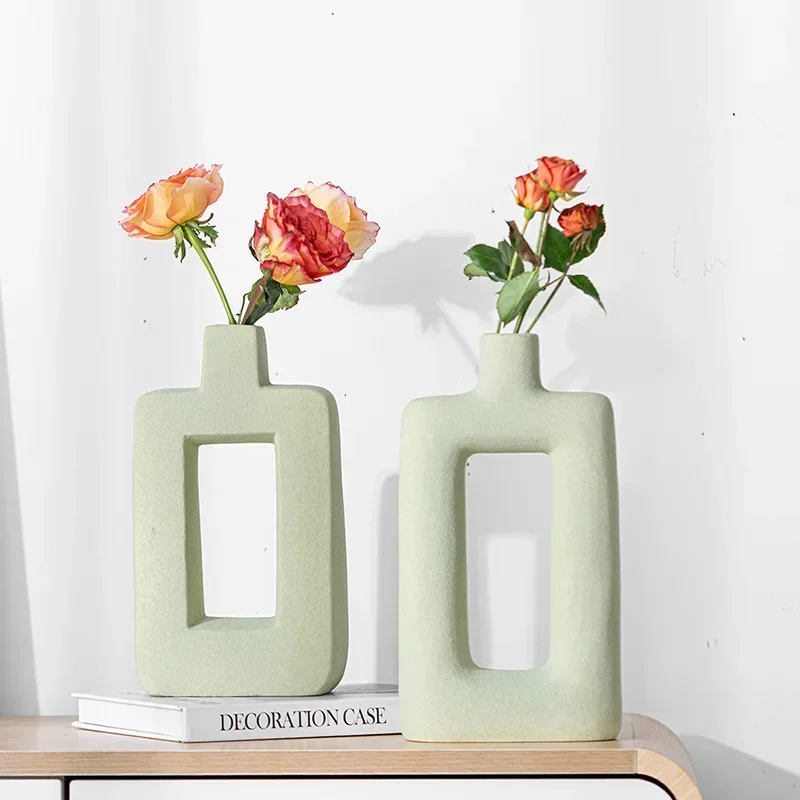Hollow Out Geometric Design Nordic Light Green Vase Tabletop Ornament Unique Shape Sculpture Living Room Bedroom Office