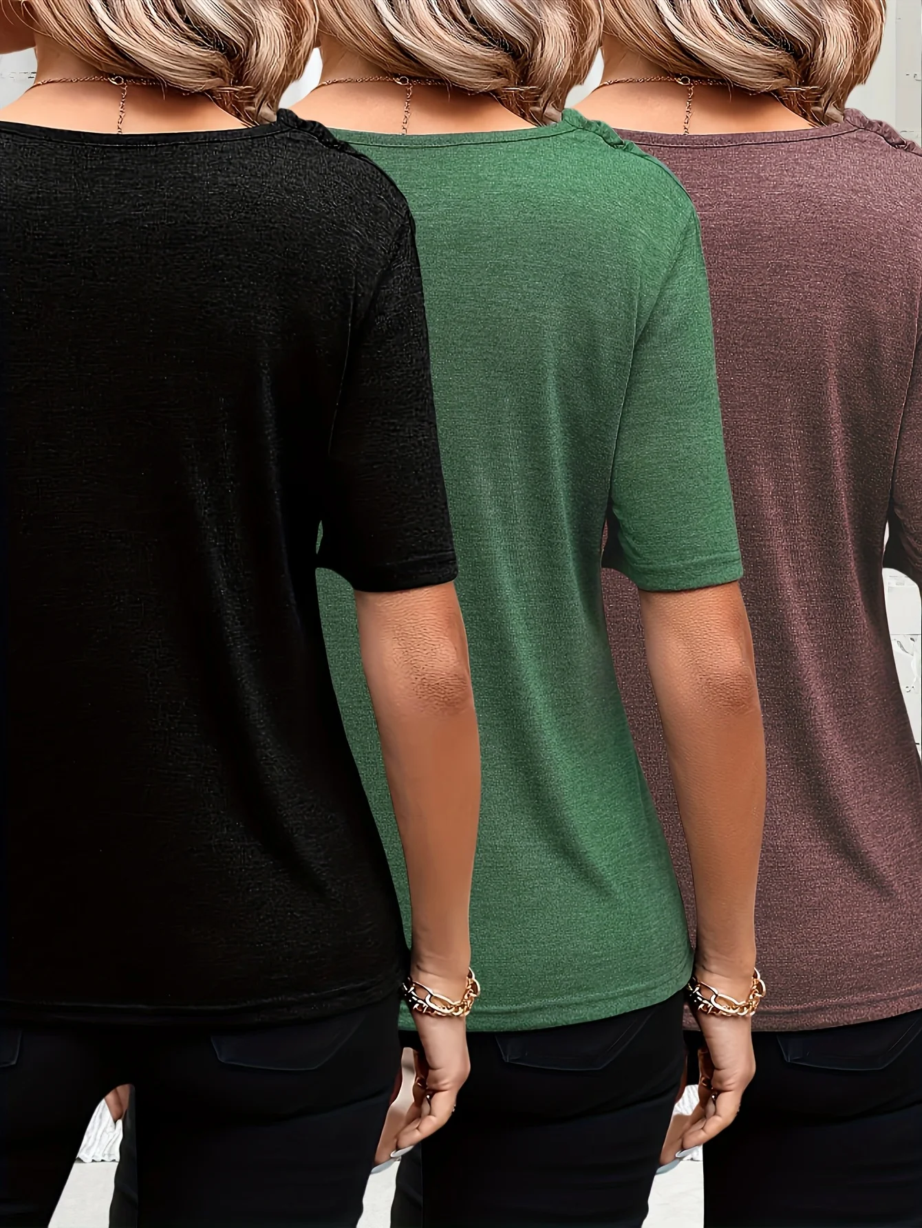 Europäisches und amerikanisches Frühlings-, Sommer- und Herbst-Set aus einfarbigem, lässigem T-Shirt mit hängendem Kragen, dreiteilig. – Detail 2